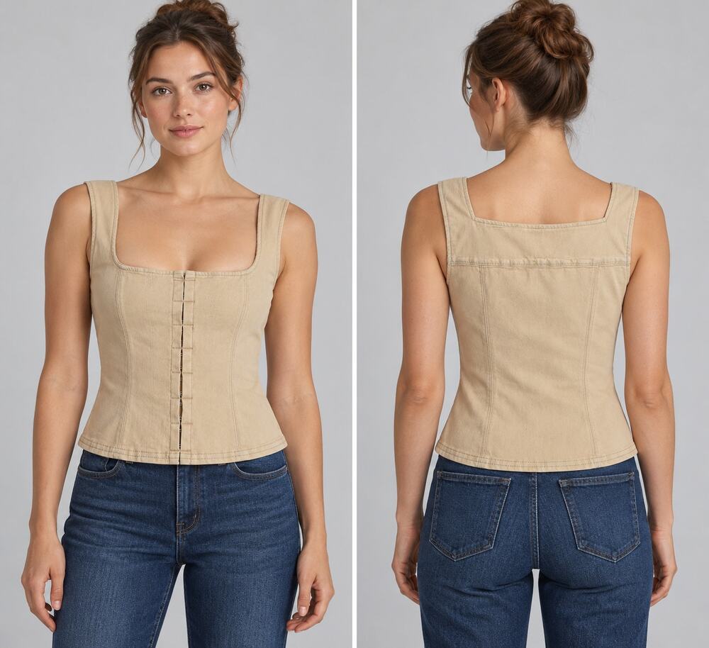 NWT Free People Marilyn Denim Corset Top Tofu Beige Square Neck Size S